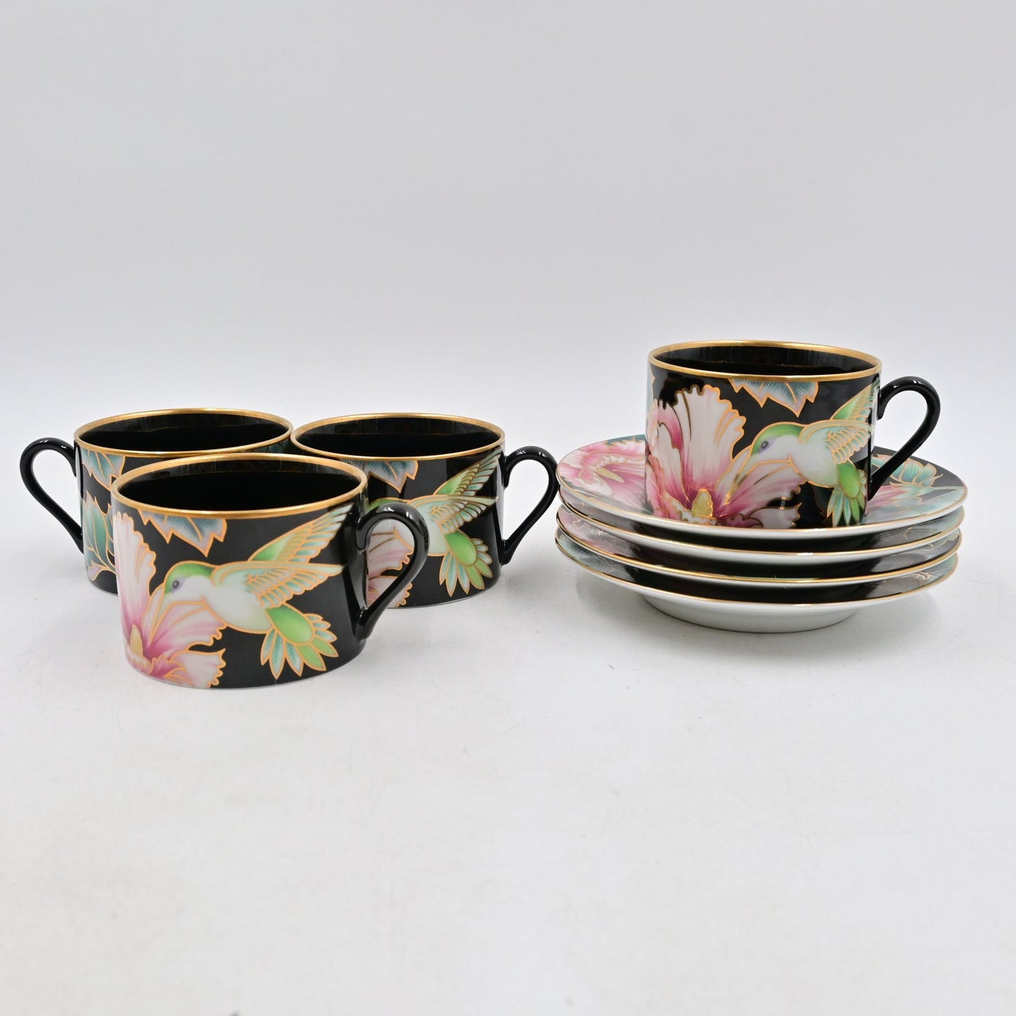 Fitz And Floyd Black Hummingbird Coffee/Tea Cups Set Of 4 W/ Saucers