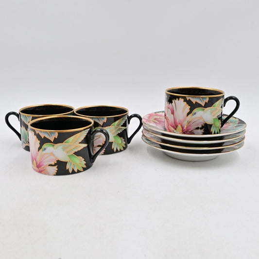 Fitz And Floyd Black Hummingbird Coffee/Tea Cups Set Of 4 W/ Saucers