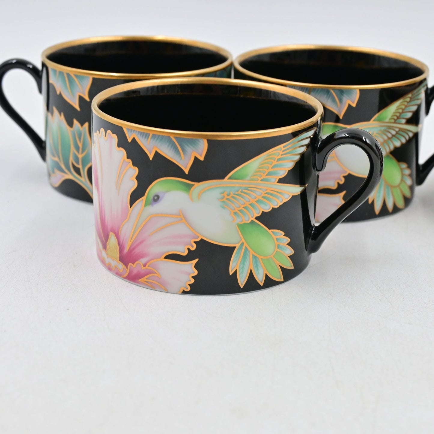 Fitz And Floyd Black Hummingbird Coffee/Tea Cups Set Of 4 W/ Saucers