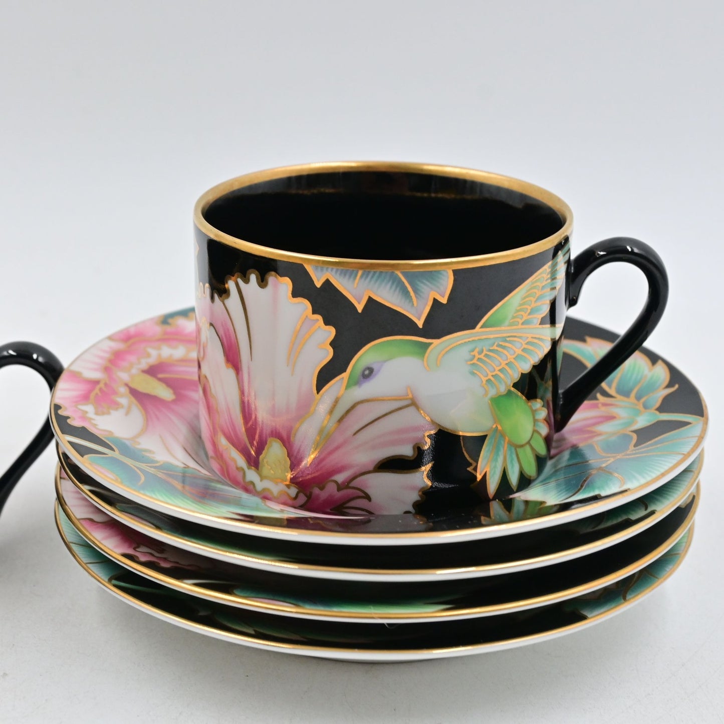 Fitz And Floyd Black Hummingbird Coffee/Tea Cups Set Of 4 W/ Saucers