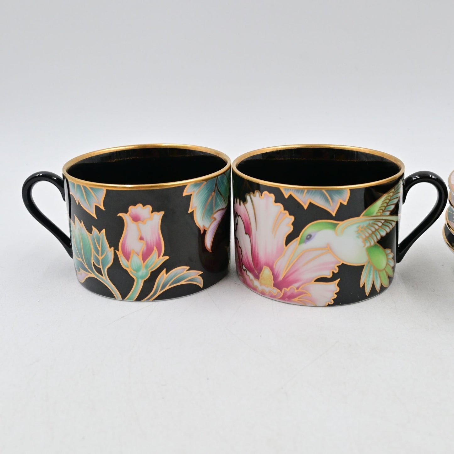 Fitz And Floyd Black Hummingbird Coffee/Tea Cups Set Of 4 W/ Saucers