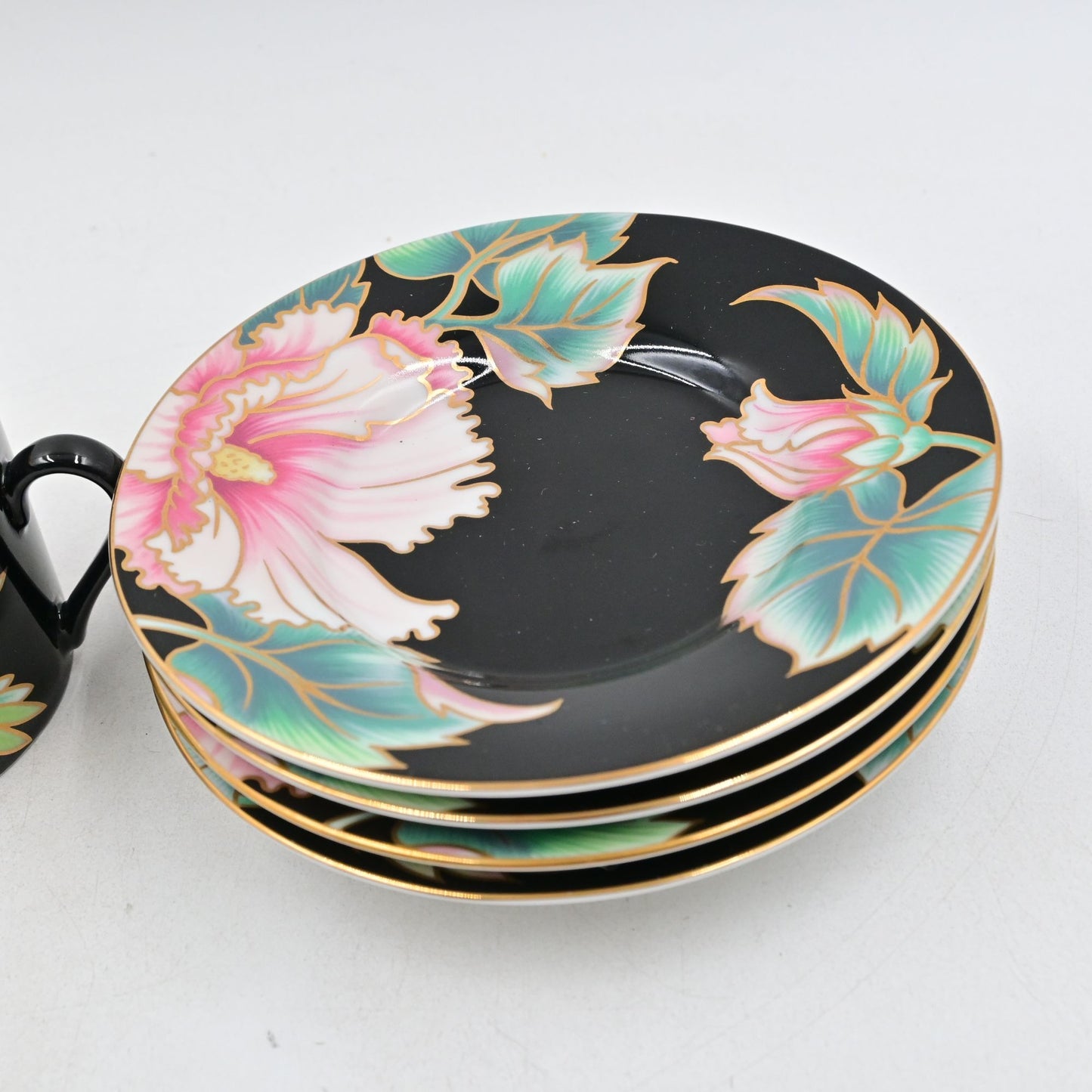 Fitz And Floyd Black Hummingbird Coffee/Tea Cups Set Of 4 W/ Saucers