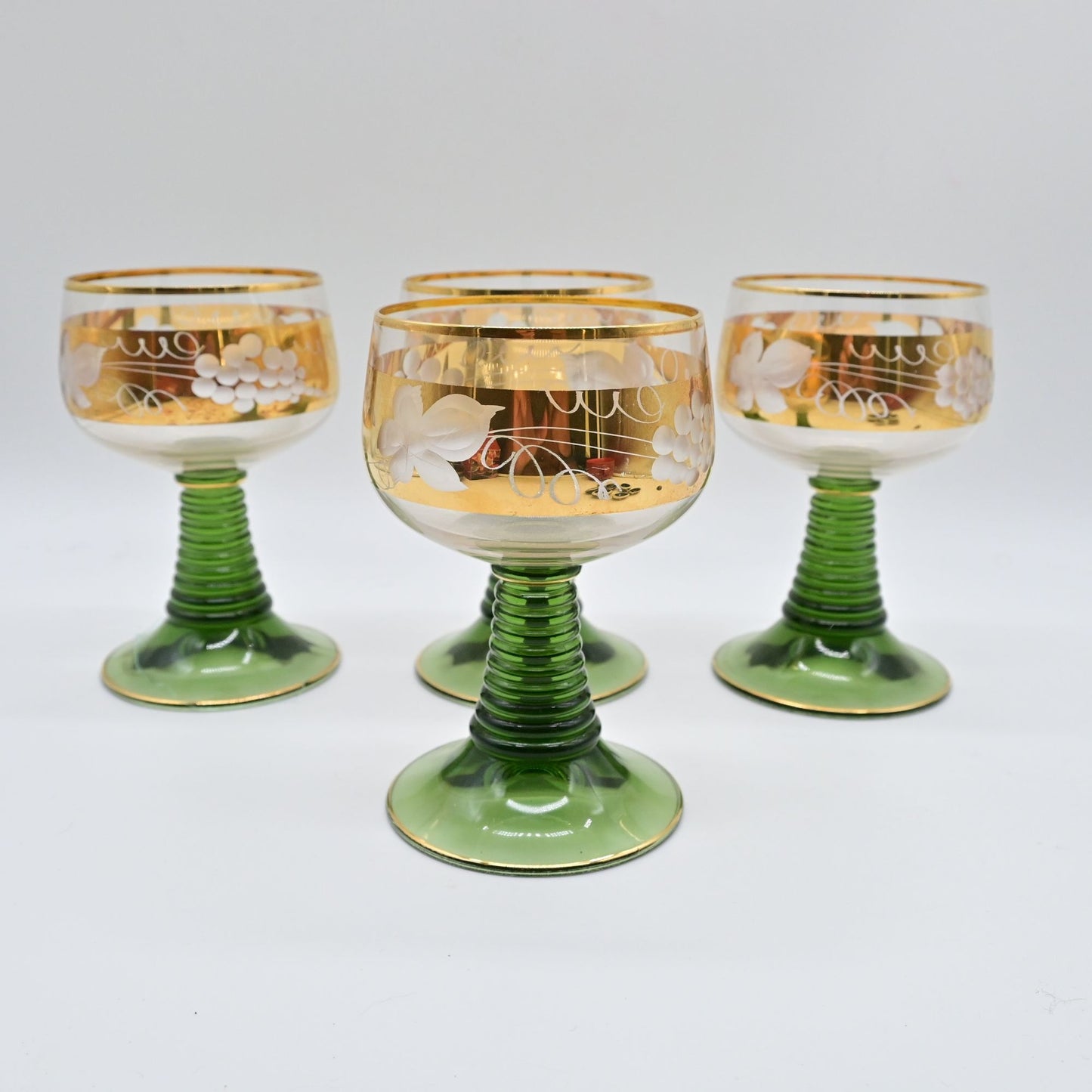 Vintage MCM Beehive Stem Green With Gold Trim Glasses Bundle Of 4