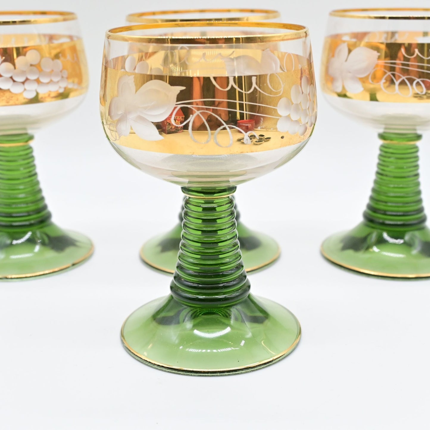 Vintage MCM Beehive Stem Green With Gold Trim Glasses Bundle Of 4
