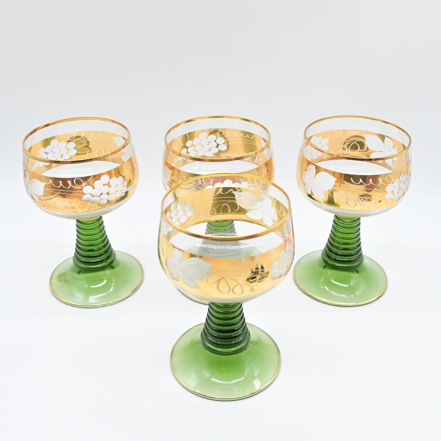 Vintage MCM Beehive Stem Green With Gold Trim Glasses Bundle Of 4