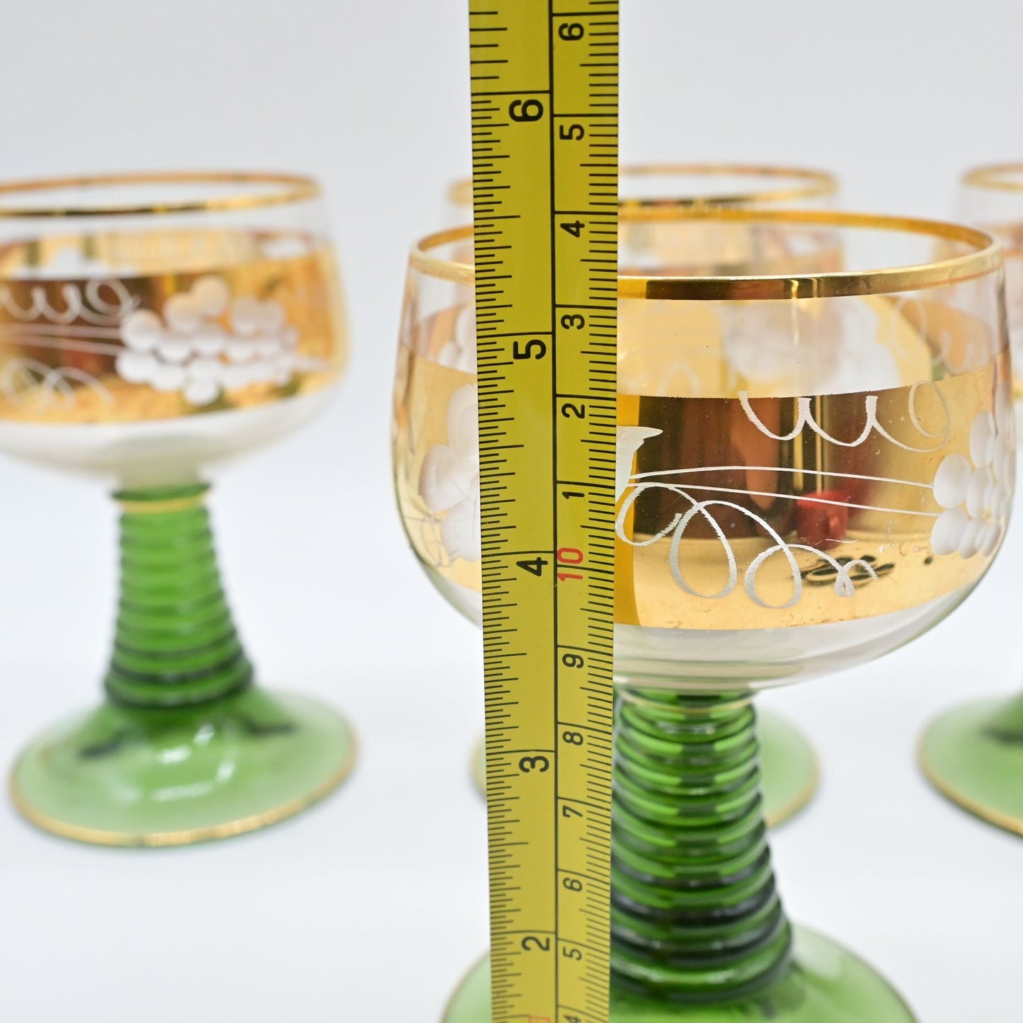 Vintage MCM Beehive Stem Green With Gold Trim Glasses Bundle Of 4