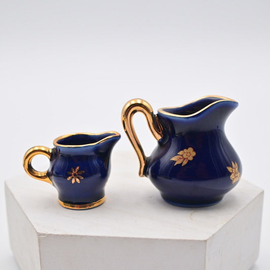 Vintage Limoges Cobalt Blue Pitcher With Creamer Miniature Figures