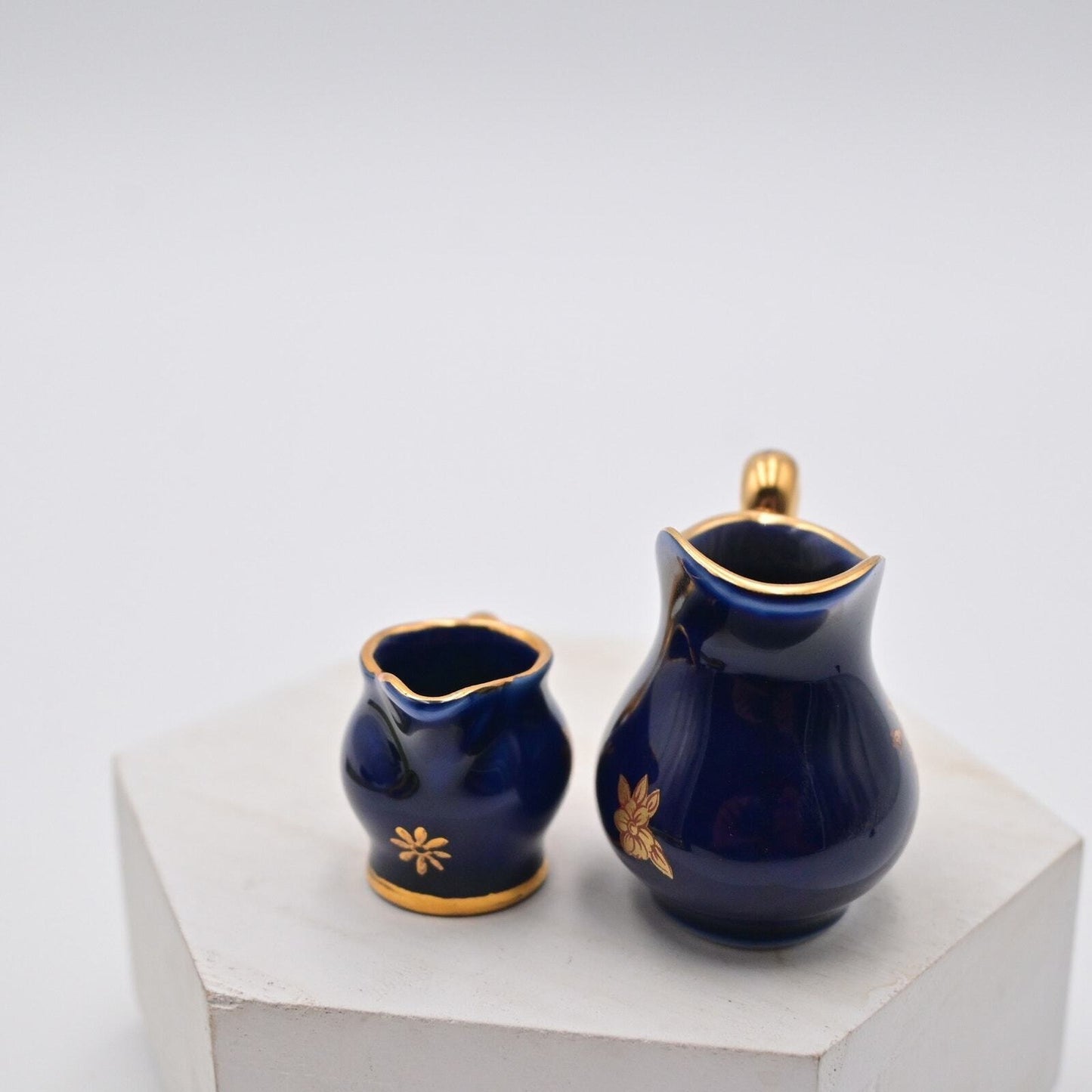Vintage Limoges Cobalt Blue Pitcher With Creamer Miniature Figures