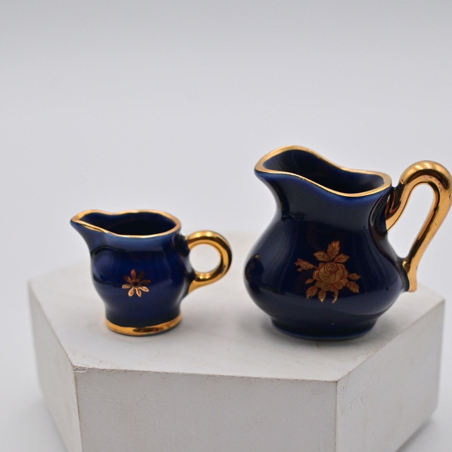 Vintage Limoges Cobalt Blue Pitcher With Creamer Miniature Figures