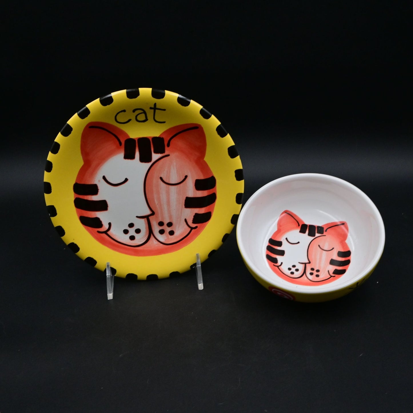 Handmade La Gioconda Cat Ceramic Bowl & Plate Set