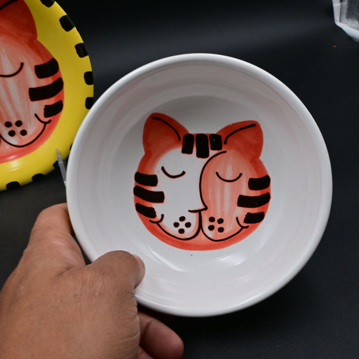 Handmade La Gioconda Cat Ceramic Bowl & Plate Set