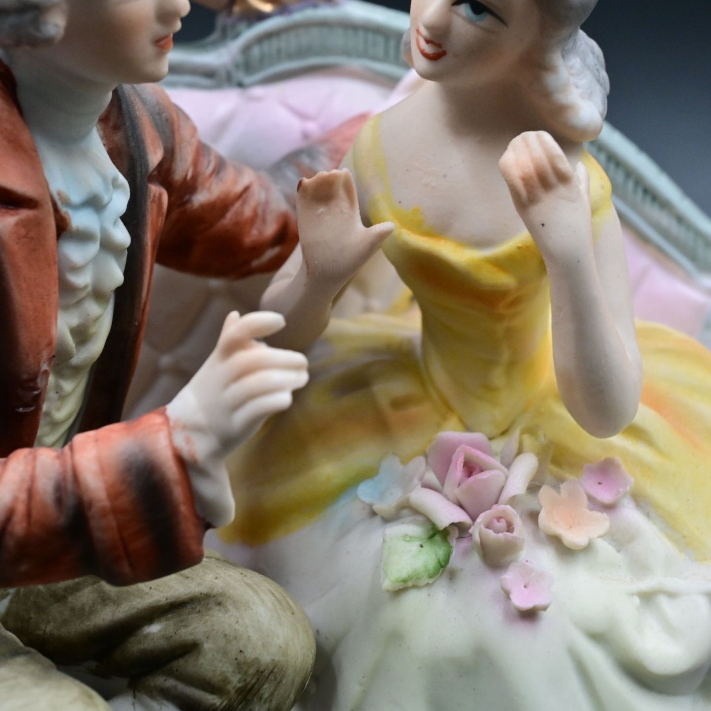 Cucci Royal Crown Porcelain Figurine Victorian Couple On Couch Vintage 1970s