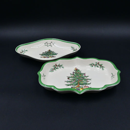 Spode China Christmas Tree Candy Ogee & Diamond Shaped Dish Pair Of 2