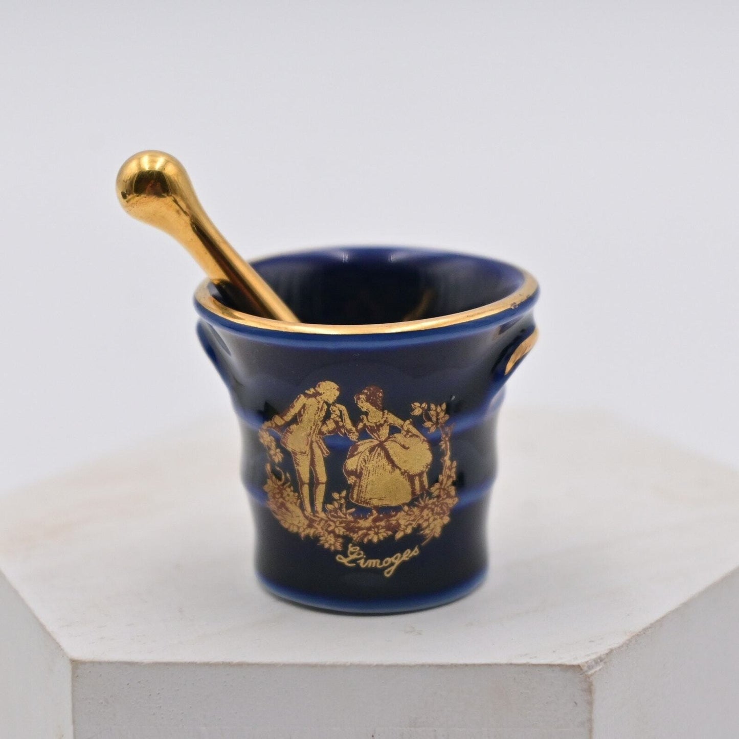 Vintage Limoges Mortar Pestle Cobalt Blue Victorian Miniature Figure