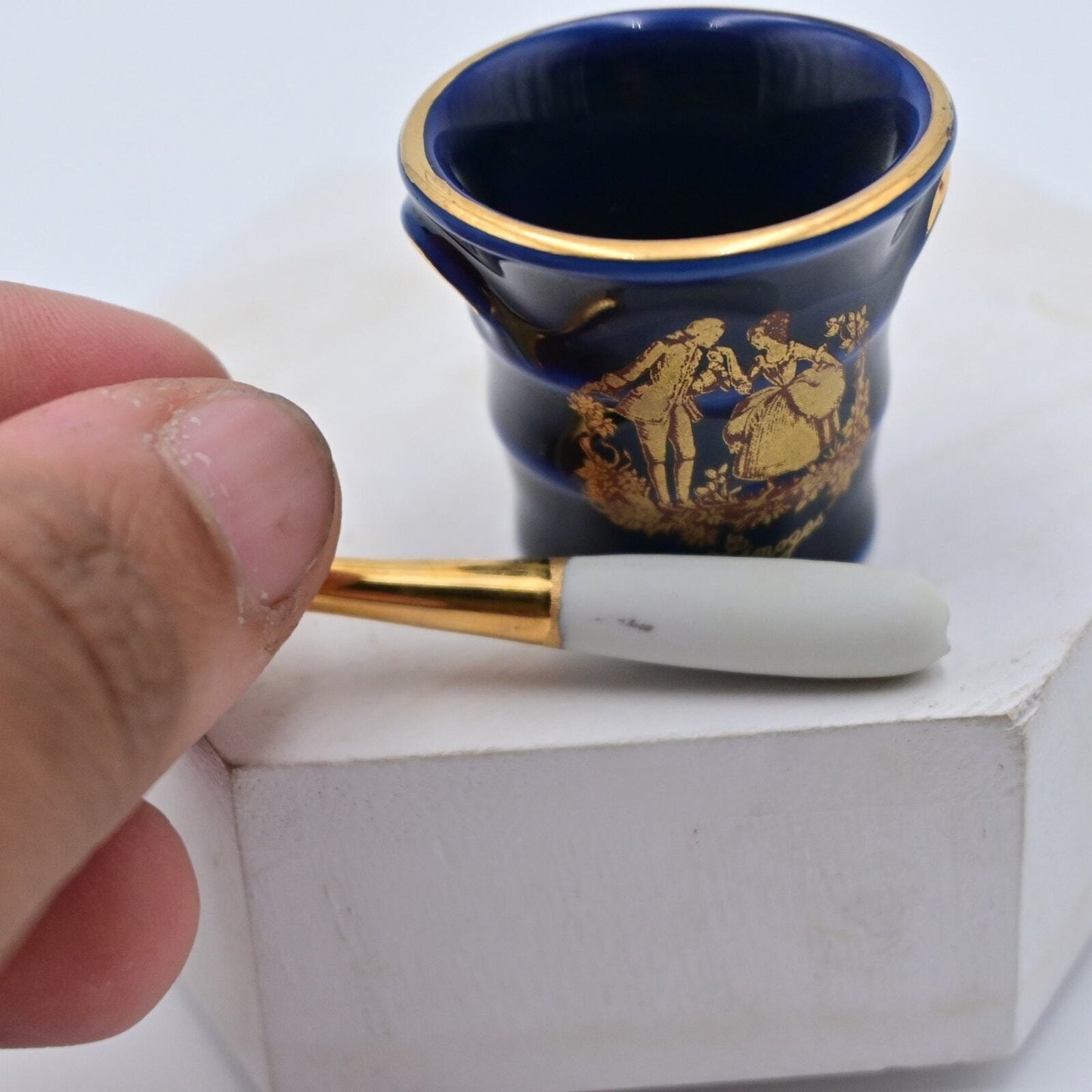 Vintage Limoges Mortar Pestle Cobalt Blue Victorian Miniature Figure