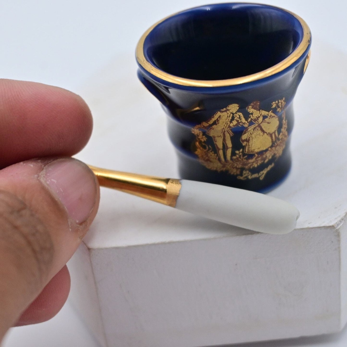 Vintage Limoges Mortar Pestle Cobalt Blue Victorian Miniature Figure