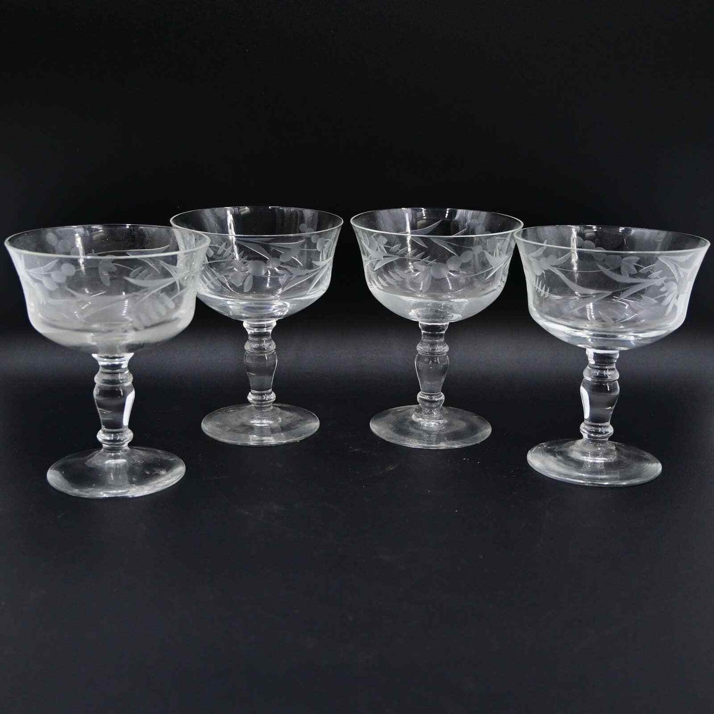 Vintage Etched Vine And Berry Champagne Glass Set Of 4