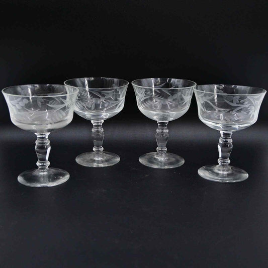 Vintage Etched Vine And Berry Champagne Glass Set Of 4