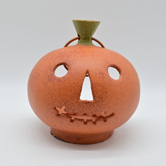 Cast Iron Halloween Pumpkin Jack O Lantern Figurine Candle Holder Skeleton Face