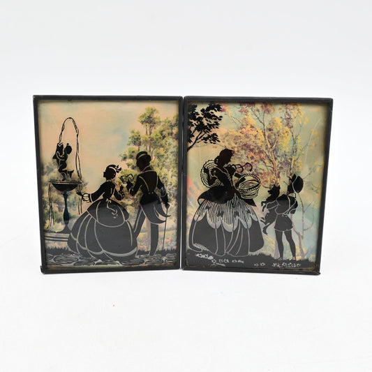 Vintage Reverse Painted Silhouettes Convex Bubble Glass Set Of 2