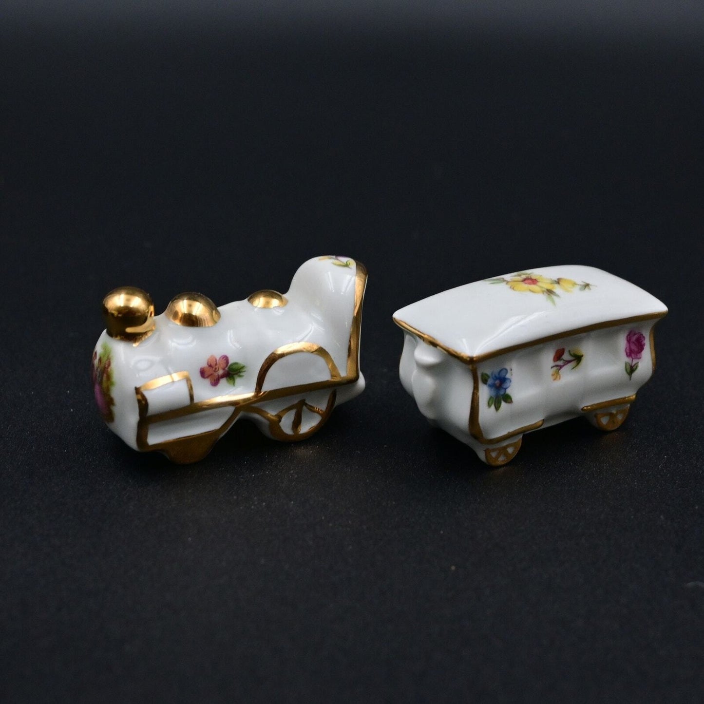 Limoges Train Engine & Caboose/Car Miniature Floral 2 Piece Vintage Figure