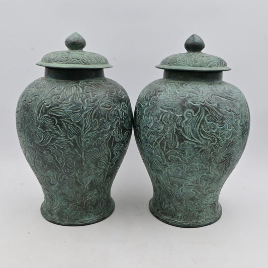 Maitland-Smith Verdigris Asian Ginger Jar Metal Pair Of 2