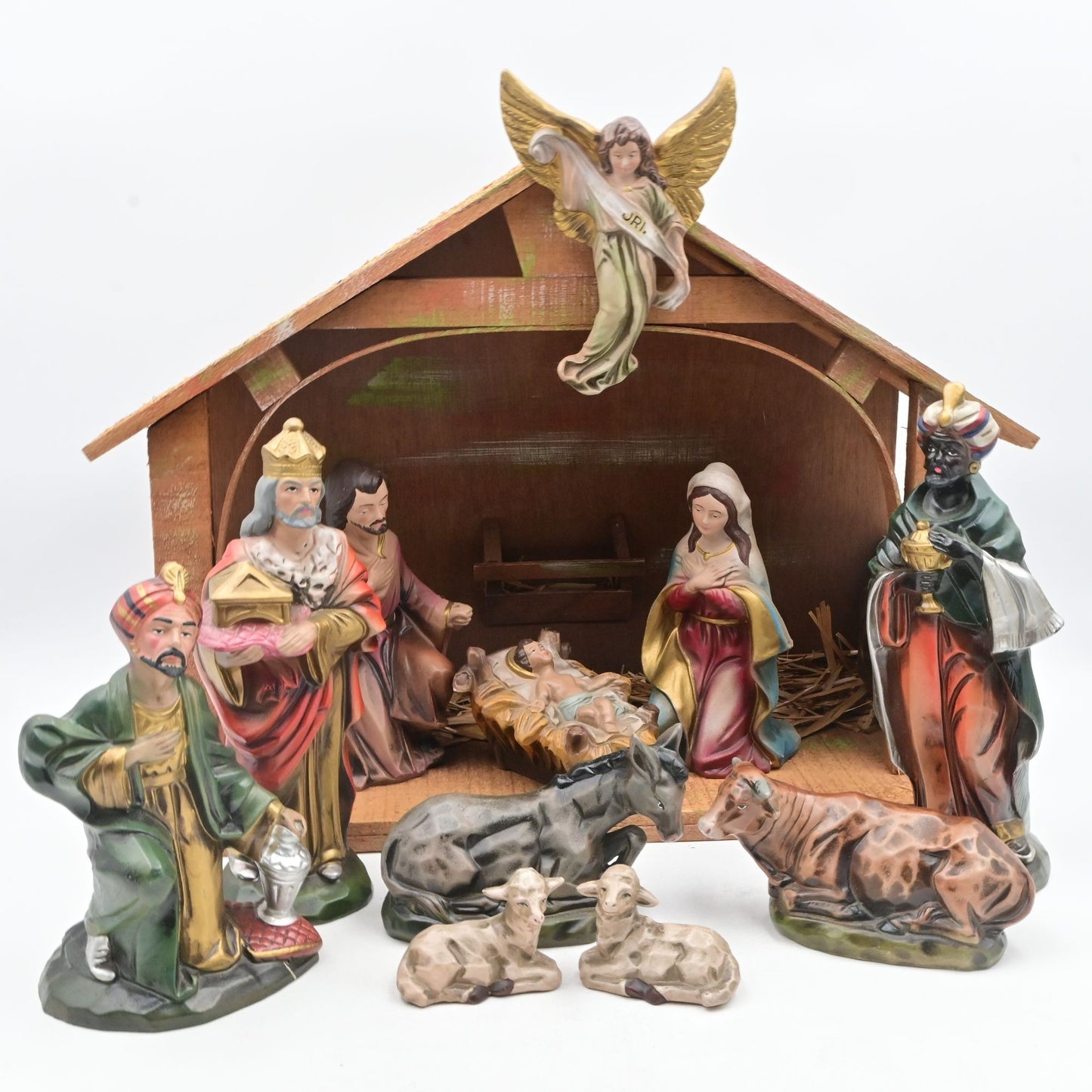Vintage Nativity Set w/Wood Reed Creche, 11 Hand Painted Figures & Music Box