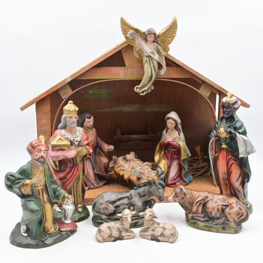 Vintage Nativity Set w/Wood Reed Creche, 11 Hand Painted Figures & Music Box