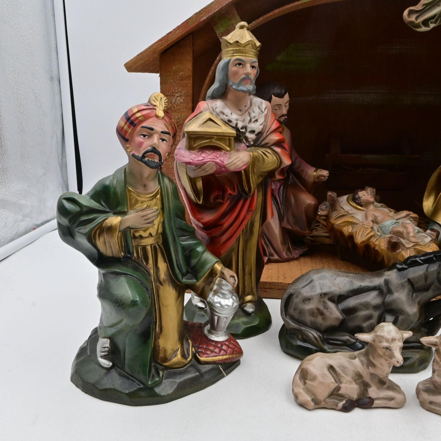 Vintage Nativity Set w/Wood Reed Creche, 11 Hand Painted Figures & Music Box