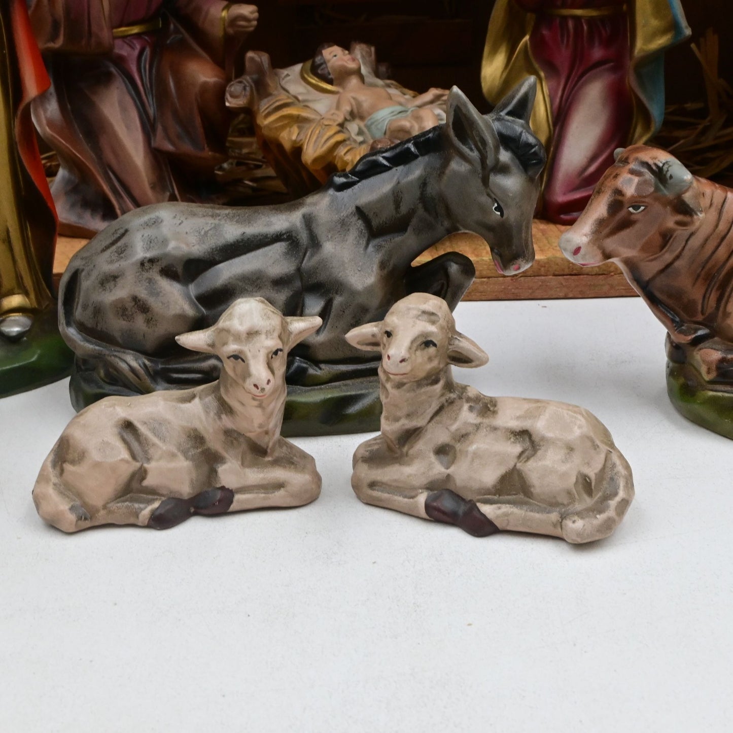 Vintage Nativity Set w/Wood Reed Creche, 11 Hand Painted Figures & Music Box