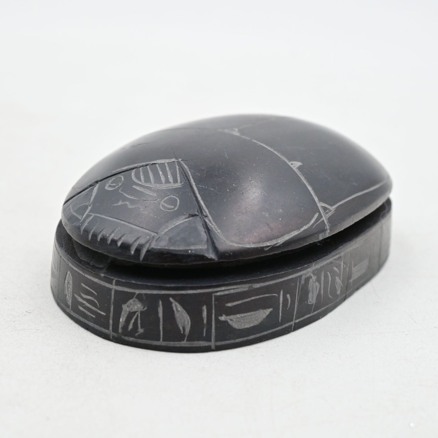 Scarab Beetle Paperweight Egyptian Carved Hieroglyphics Black - Vintage
