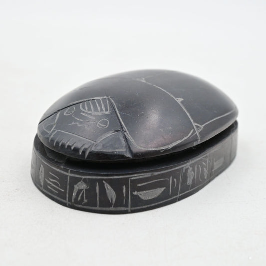Scarab Beetle Paperweight Egyptian Carved Hieroglyphics Black - Vintage
