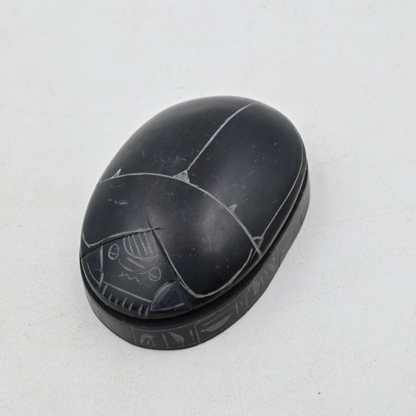 Scarab Beetle Paperweight Egyptian Carved Hieroglyphics Black - Vintage
