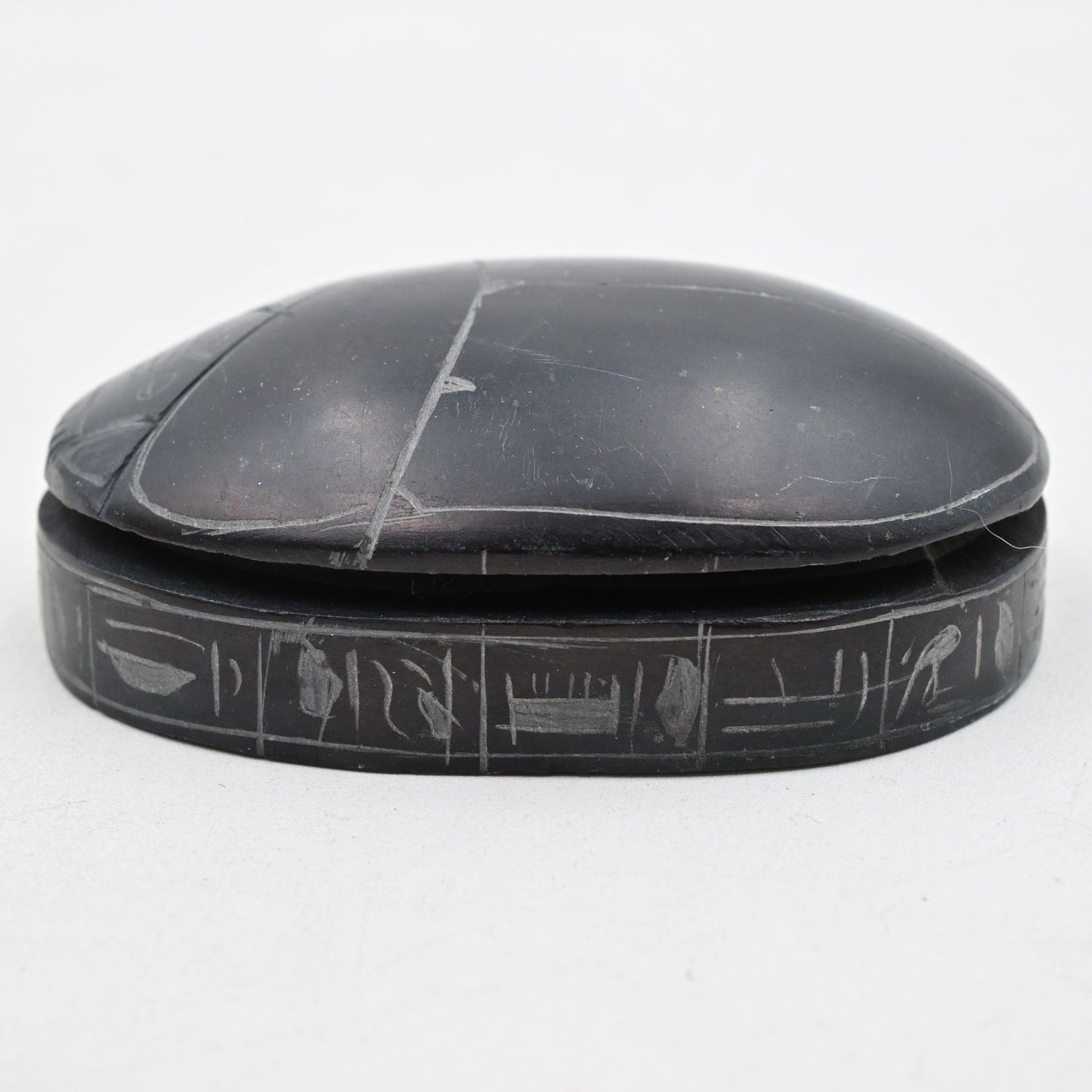 Scarab Beetle Paperweight Egyptian Carved Hieroglyphics Black - Vintage