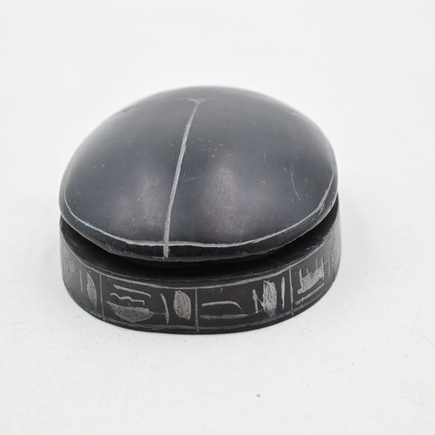Scarab Beetle Paperweight Egyptian Carved Hieroglyphics Black - Vintage