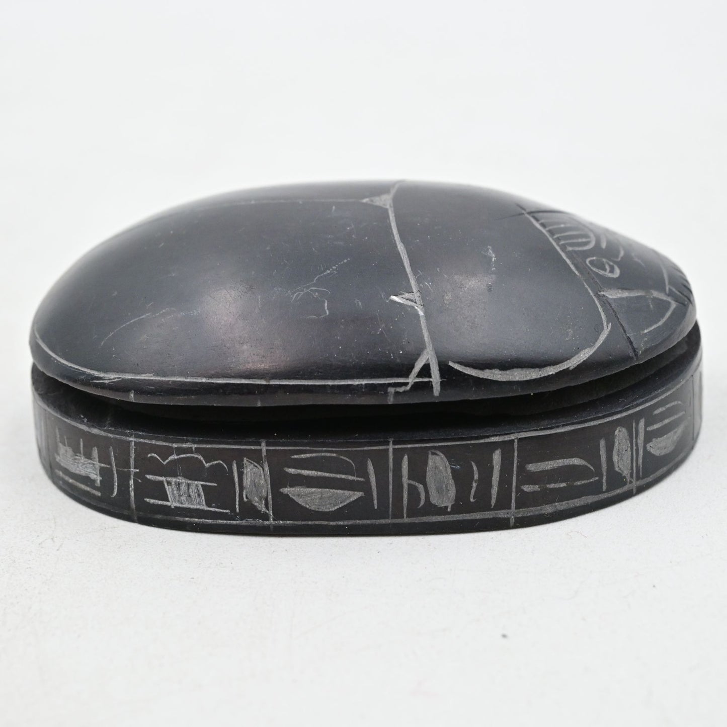 Scarab Beetle Paperweight Egyptian Carved Hieroglyphics Black - Vintage