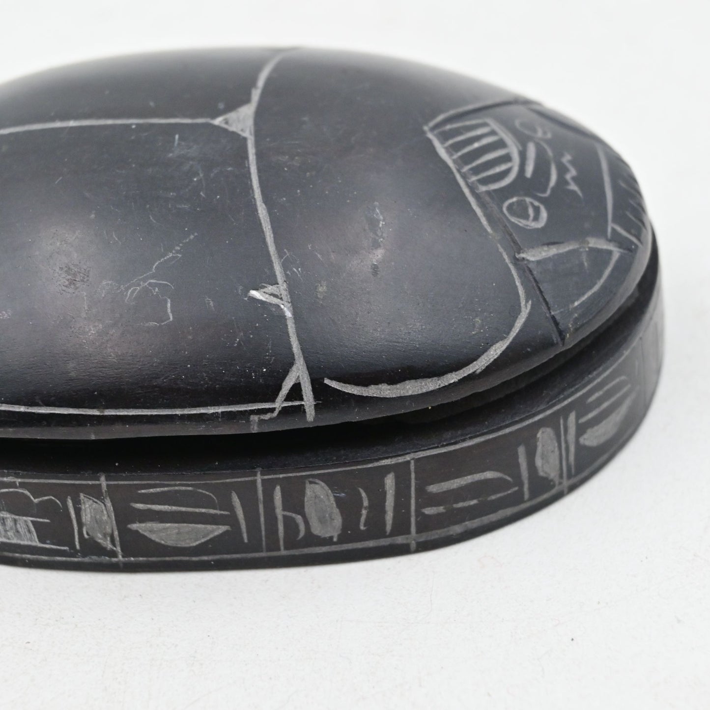 Scarab Beetle Paperweight Egyptian Carved Hieroglyphics Black - Vintage