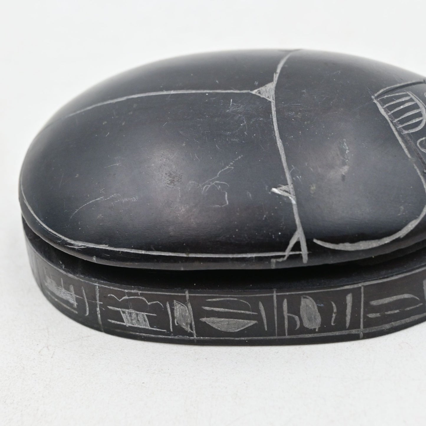 Scarab Beetle Paperweight Egyptian Carved Hieroglyphics Black - Vintage