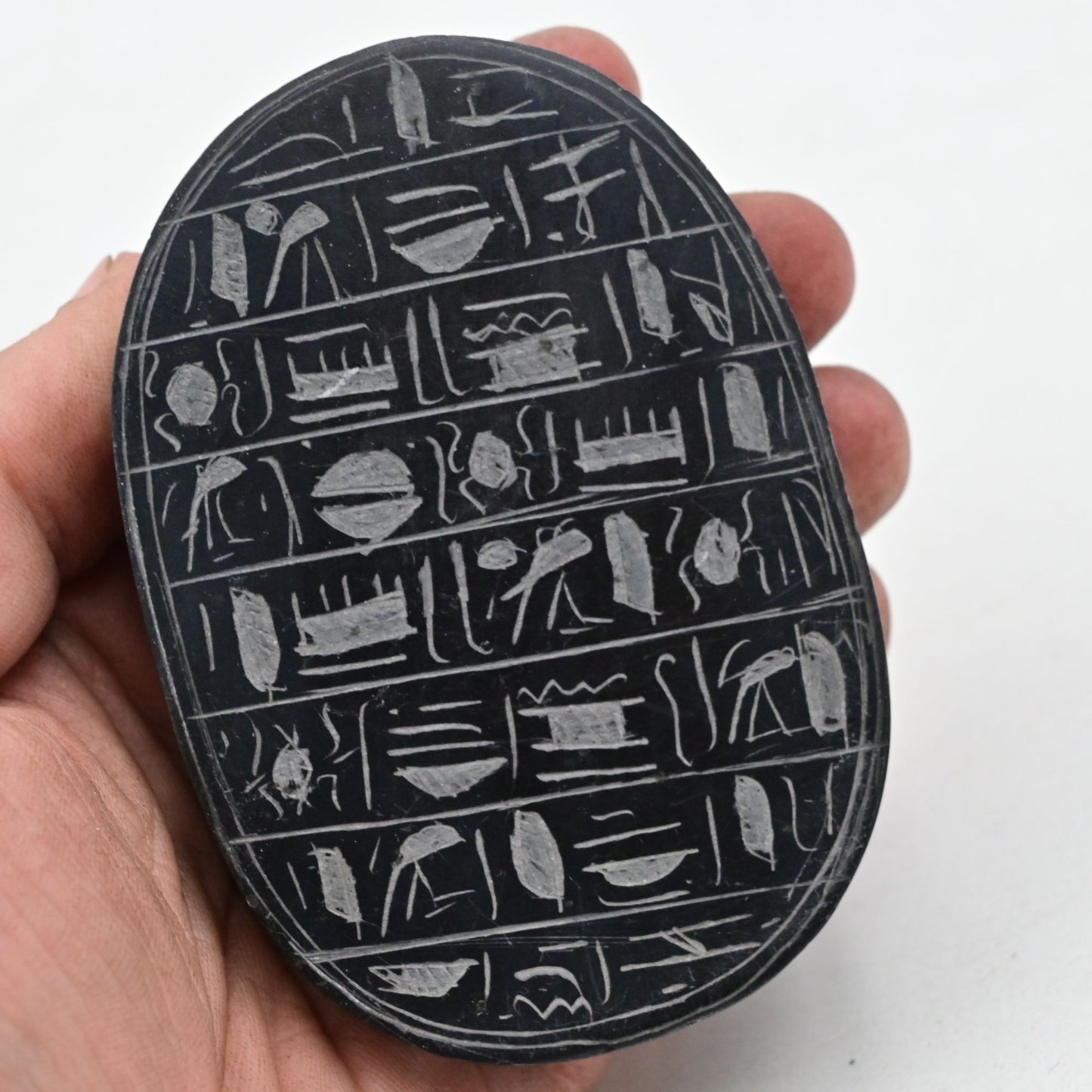 Scarab Beetle Paperweight Egyptian Carved Hieroglyphics Black - Vintage
