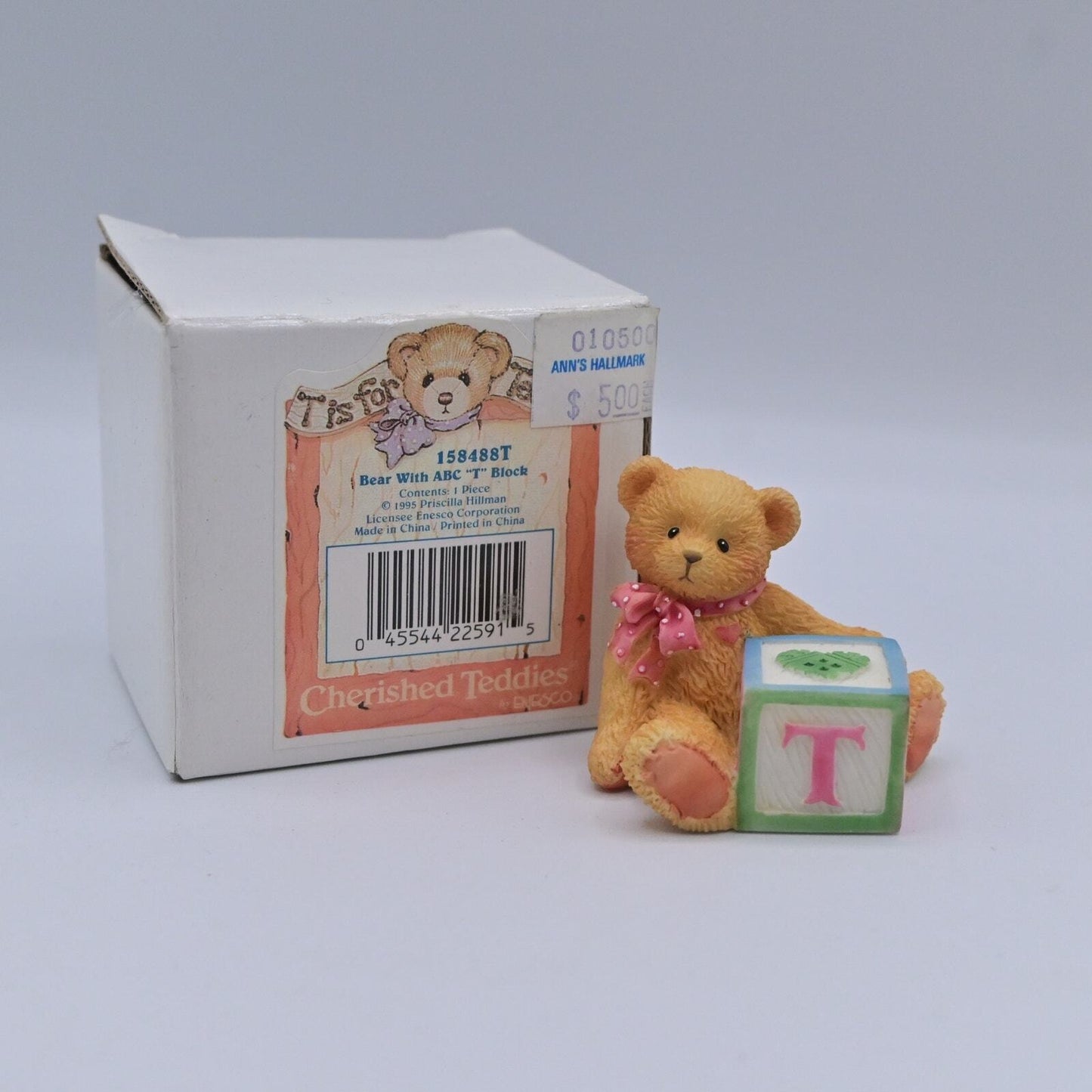 Enesco Cherished Teddies Bear With ABC "T" Block - Vintage 1995