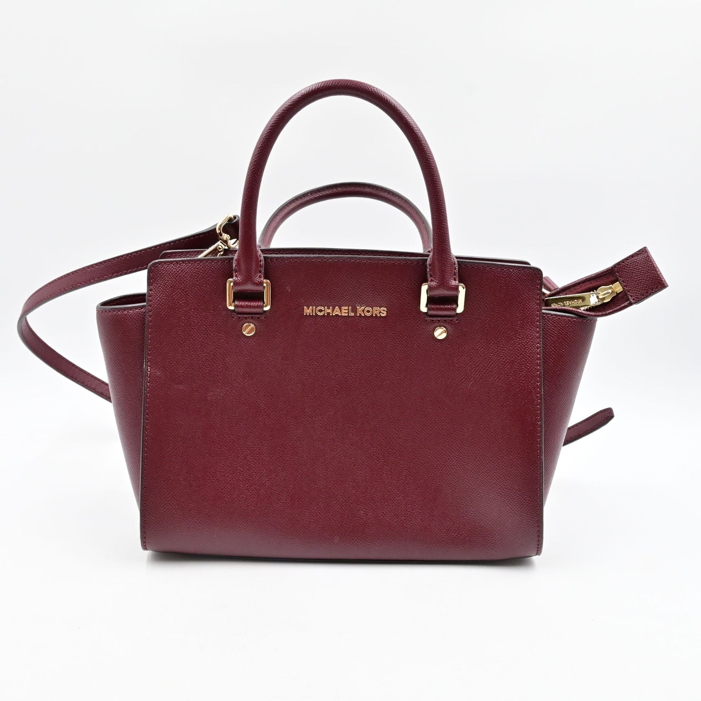 Michael Kors Burgundy Small Leather Satchel Bag With Gold-Tone Hardware & Crossbody Strap