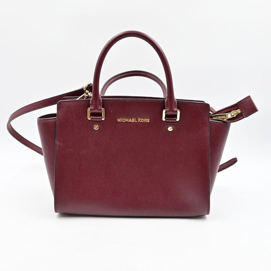 Michael Kors Burgundy Small Leather Satchel Bag With Gold-Tone Hardware & Crossbody Strap