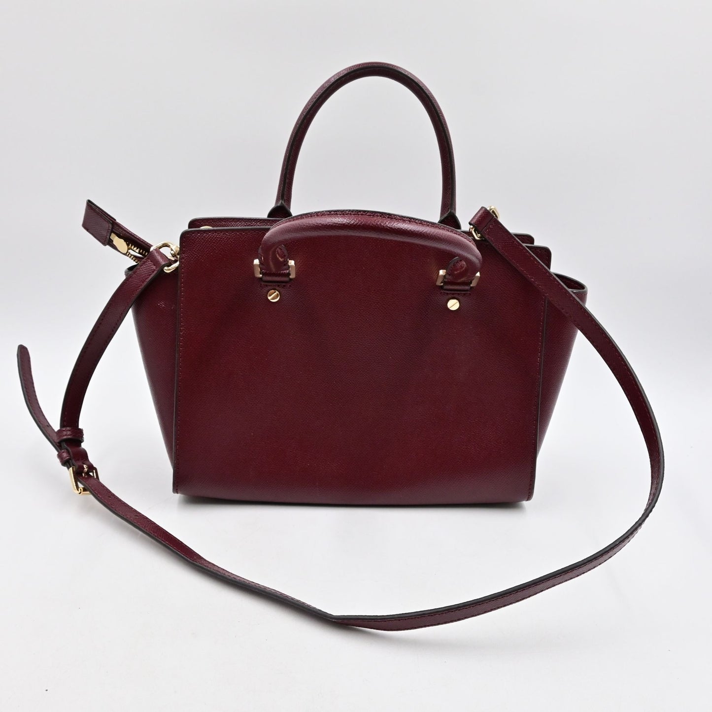 Michael Kors Burgundy Small Leather Satchel Bag With Gold-Tone Hardware & Crossbody Strap