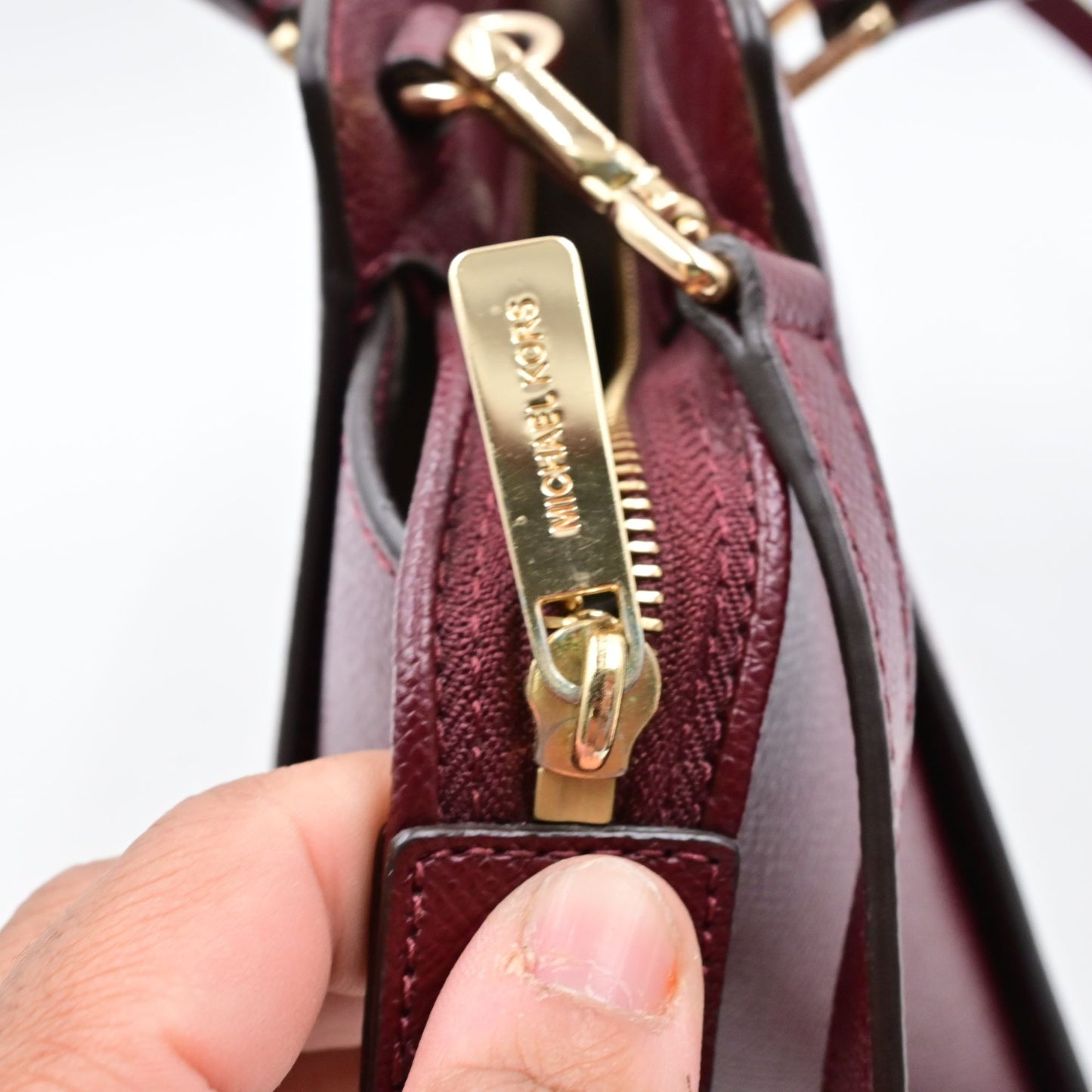 Michael Kors Burgundy Small Leather Satchel Bag With Gold-Tone Hardware & Crossbody Strap