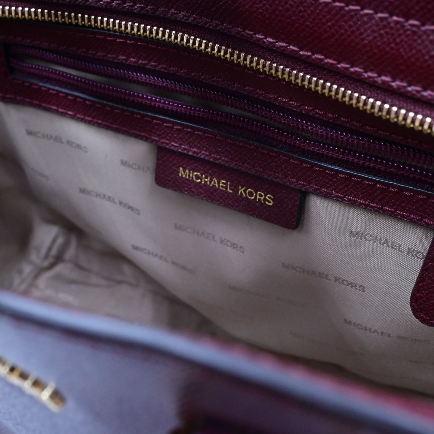 Michael Kors Burgundy Small Leather Satchel Bag With Gold-Tone Hardware & Crossbody Strap