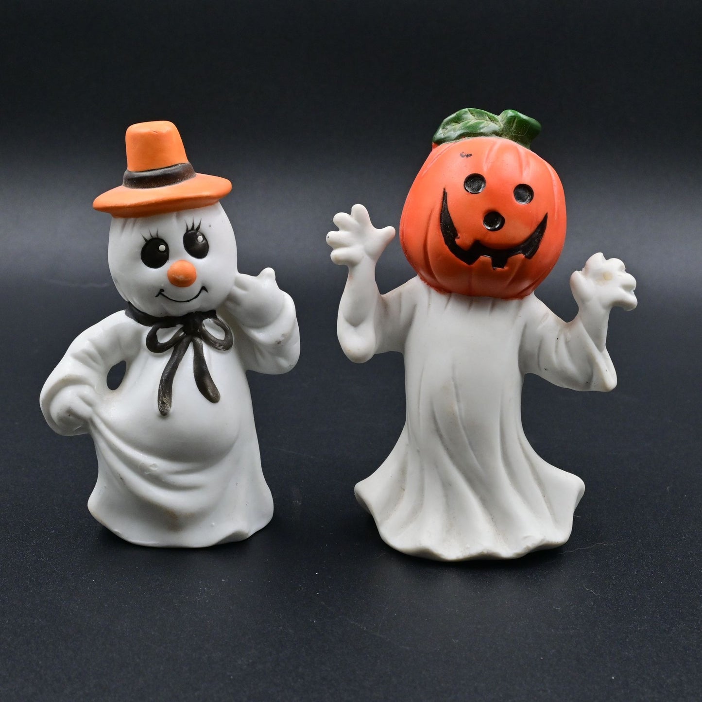 Ghost Pumpkin Head & Ghost With Top Hat Vintage Figure Bundle Of 2