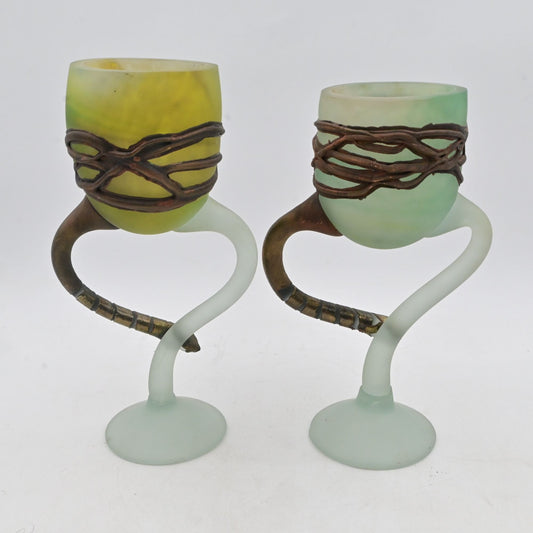 Art Nouveau Art Glass Candle Holder With Painted "Iron" Trim Bundle Of 2