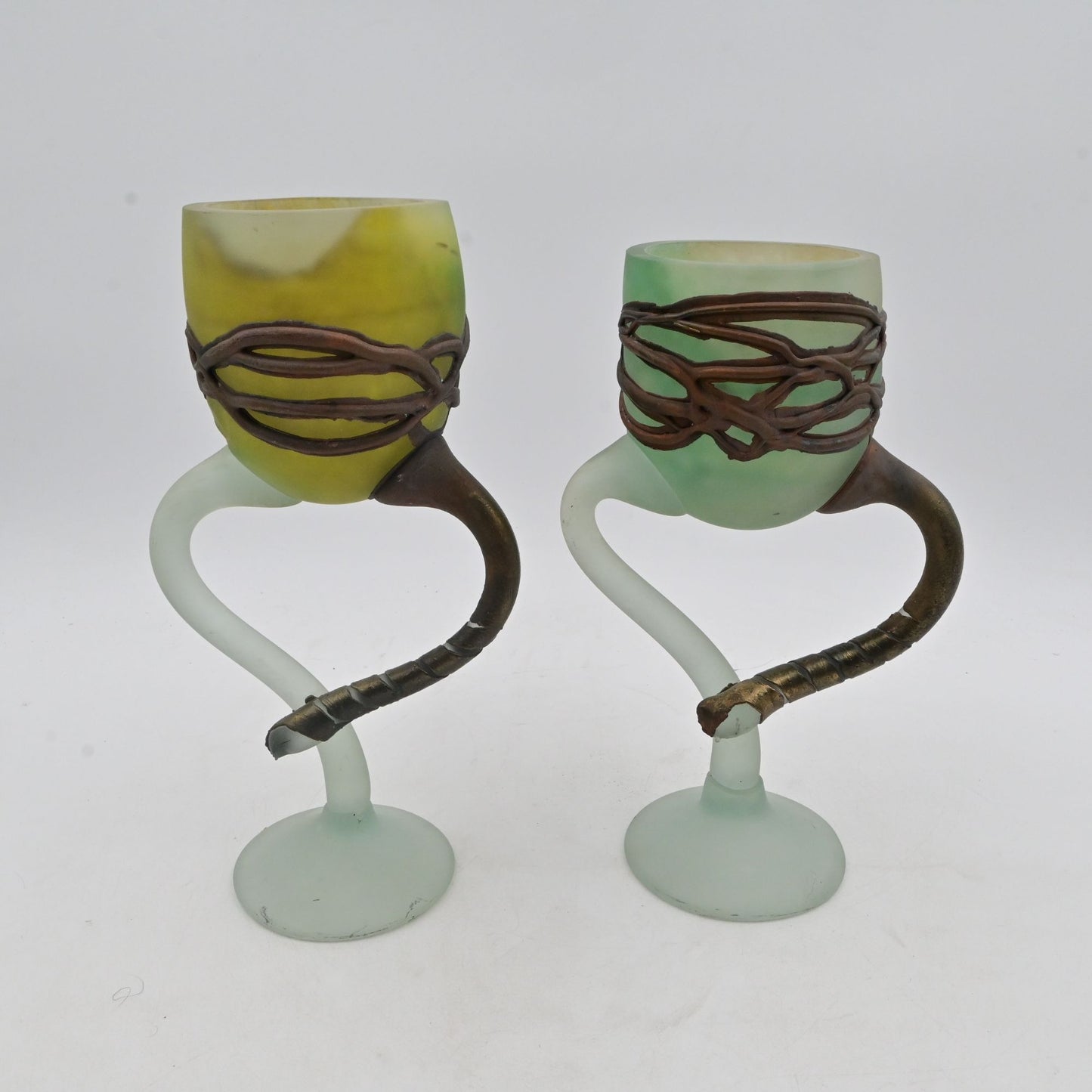 Art Nouveau Art Glass Candle Holder With Painted "Iron" Trim Bundle Of 2