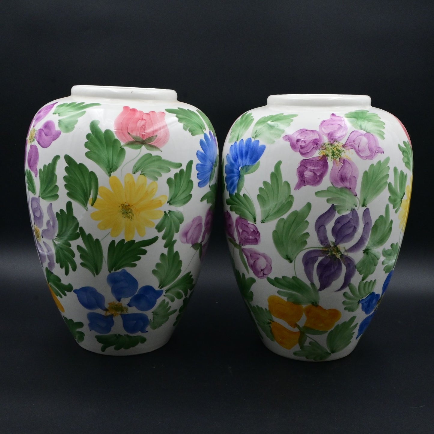Hand-Painted Floral Ceramic Vases Set Of 2 Made In Italy