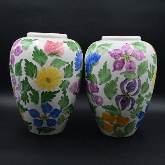 Hand-Painted Floral Ceramic Vases Set Of 2 Made In Italy
